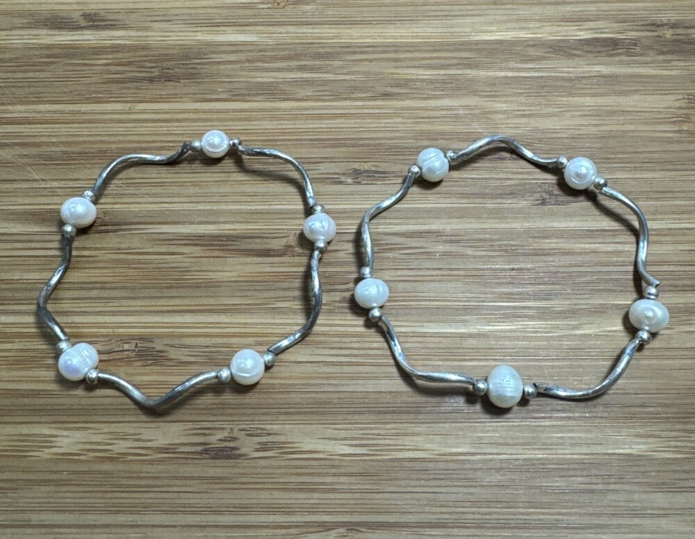 Vintage Silver Plated Genuine Pearl Wave Stretch Bracelets Set of 2